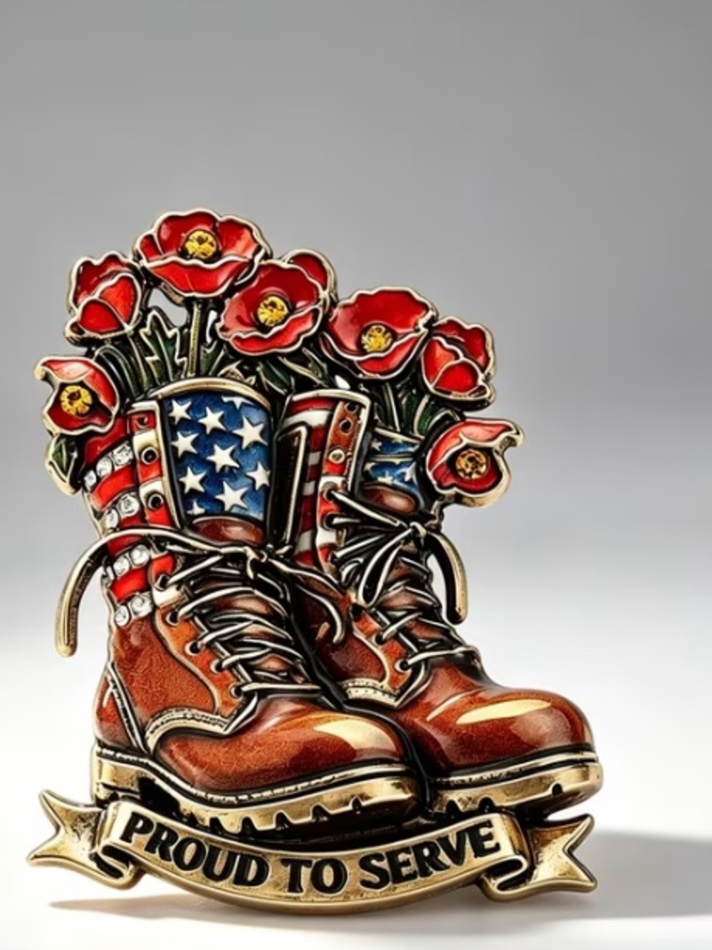 Proud to Serve Military Boots Enamel Brooch with Poppies - Picture 4 of 4
